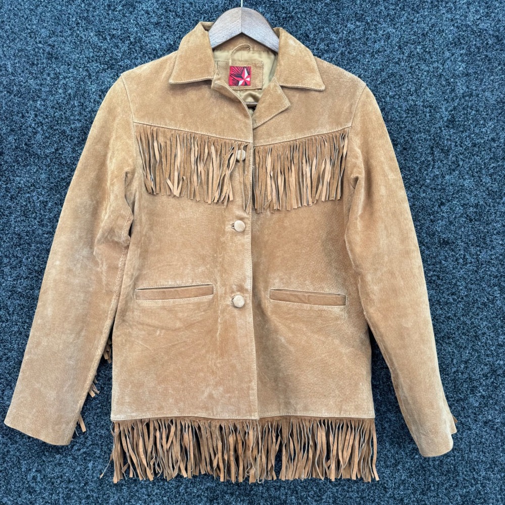 Vintage Western Tan Suede Leather Fringe Jacket Boho Cowboy Coat Medium